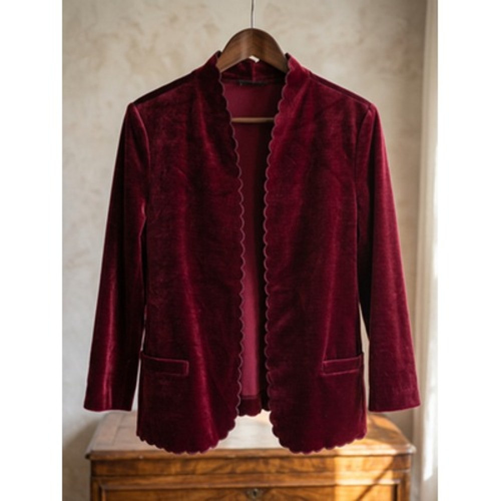 Act III Women Open Blazer Maroon Velvet Long Sleeve Jacket Scalloped Edge VTG